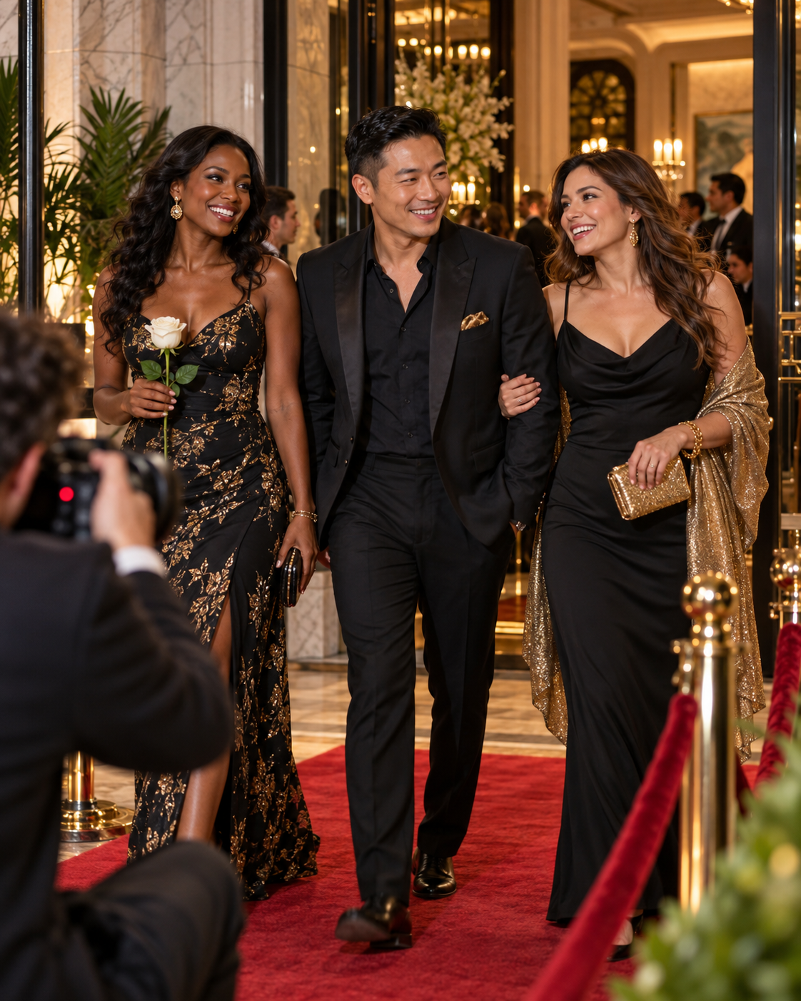 Illustrative red-carpet welcome with guests of different backgrounds and a white rose