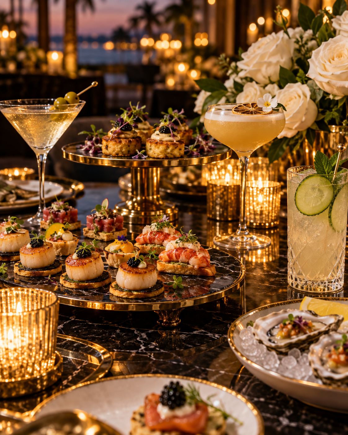 Illustrative candlelit canapes, cocktails, and white roses; final menu to be confirmed